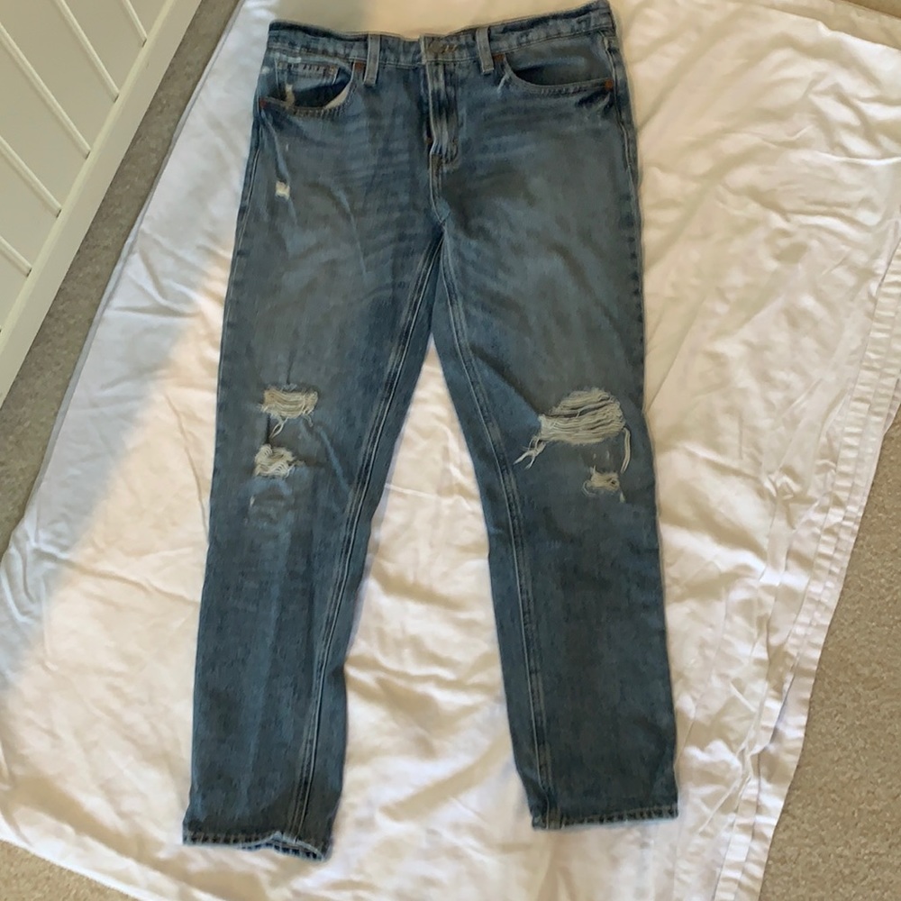 Lucky Brand distressed boyfriend jeans.